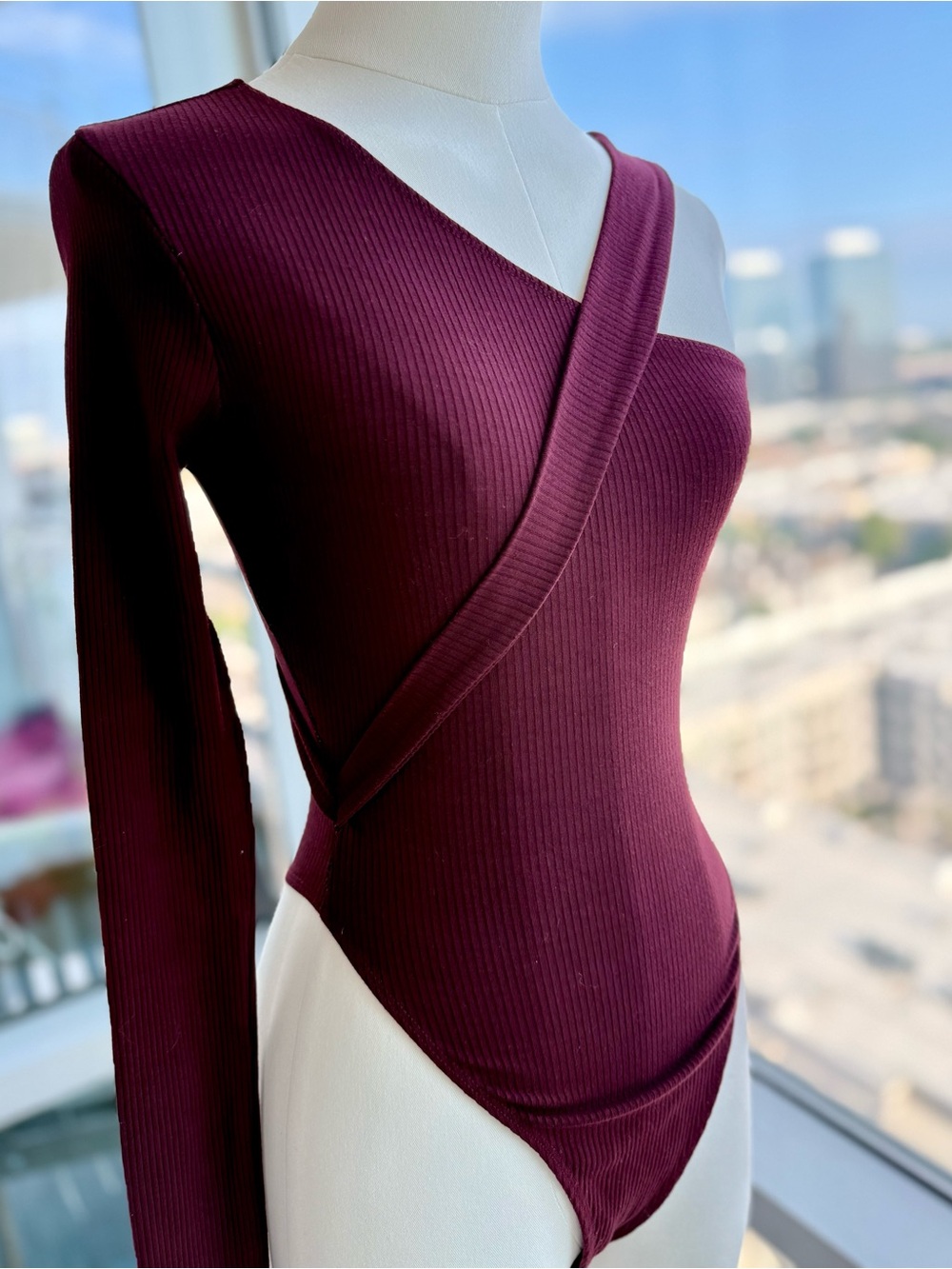Naked Wardrobe Burgundy Ribbed One Shoulder Wrap Bodysuit